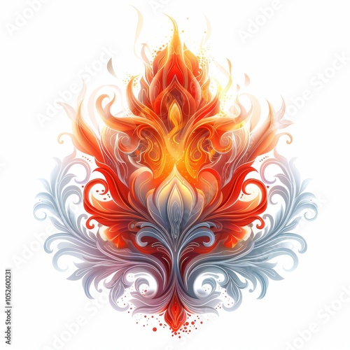 An intricate fire symbol with swirling flames and detailed elements, centered on a white backdrop