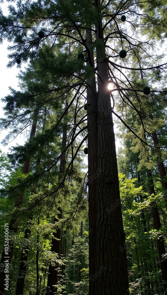 Fototapeta premium Dense forest with tall Douglas fir tree pendant cones and sunlight beams