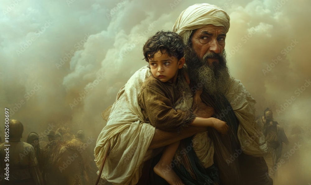 Man carries child amidst dust and figures. Man carries child amidst dust and figures.