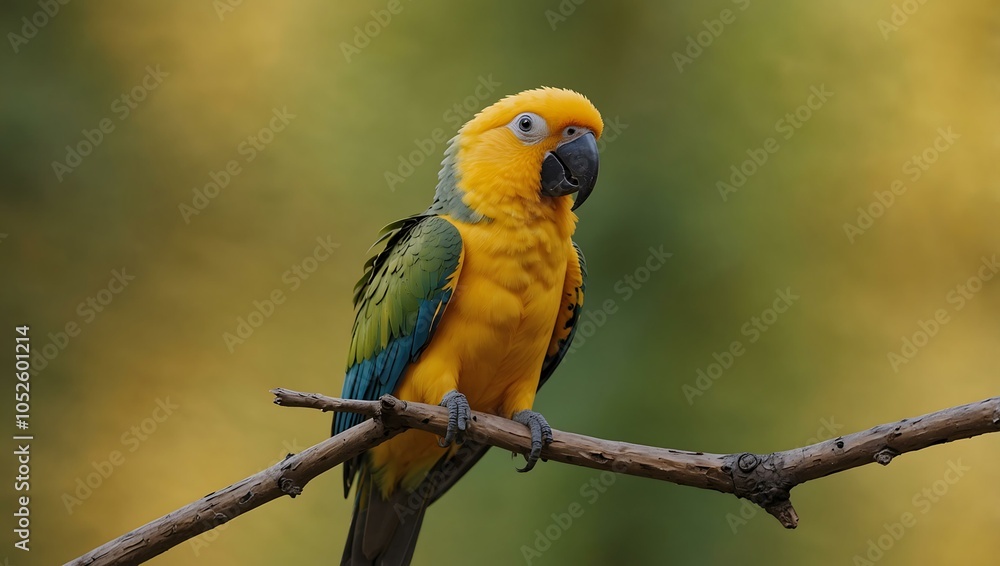 Obraz premium Playful parrot on a branch with a yellow background.