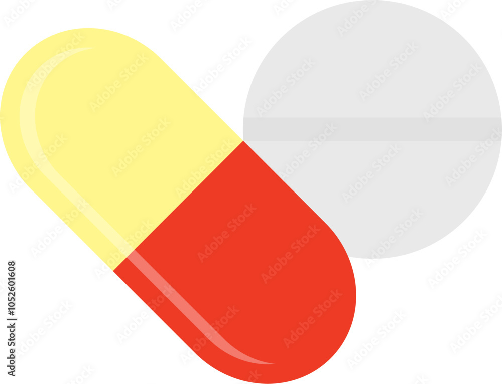 Yellow red pill capsule and a white round pill icon. Vector illustration. Yellow red pill capsule and a white round pill icon. Vector illustration.