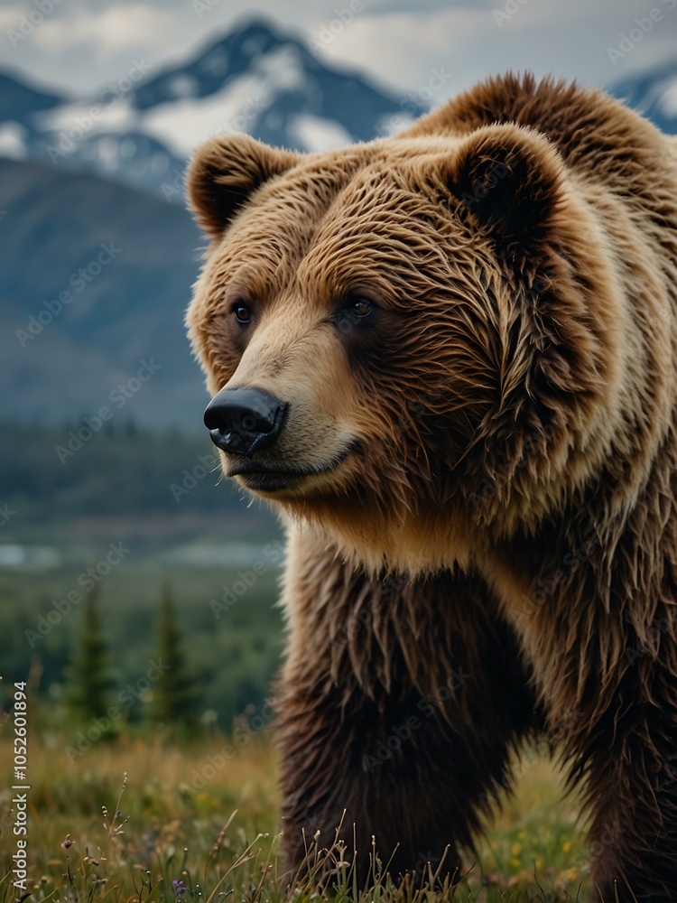 Fototapeta premium Postcard of a grizzly bear in front of Alaskan mountains.