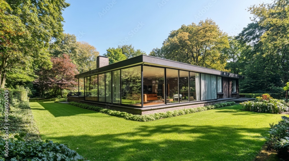 Modern Glass House Surrounded by Lush Greenery Modern Glass House Surrounded by Lush Greenery