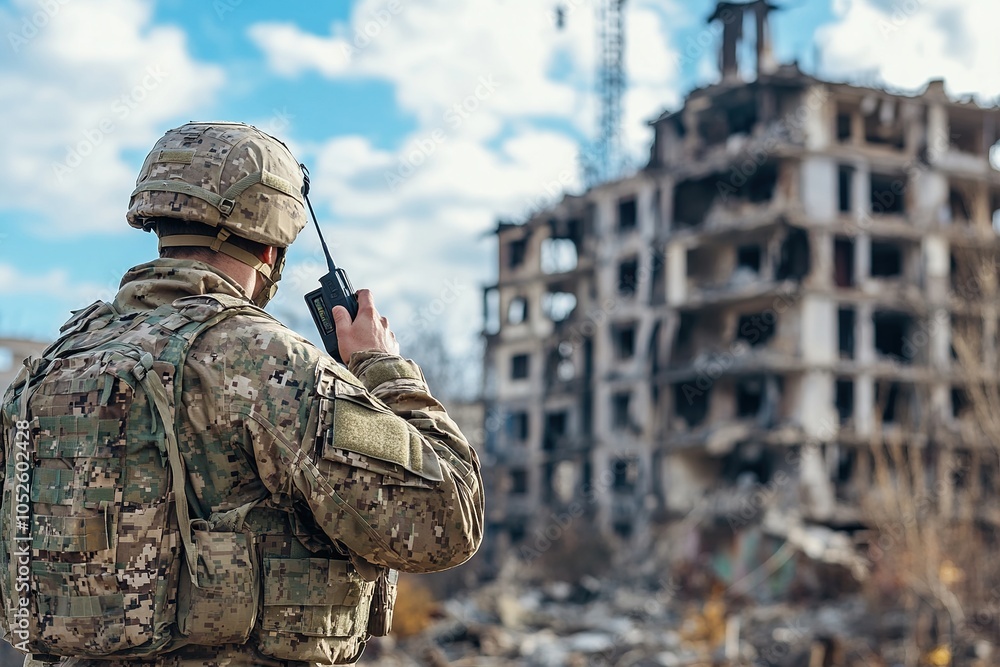 Fototapeta premium Soldier in tactical gear using a radio in front of a destroyed building, coordinating during a military mission in an urban war zone