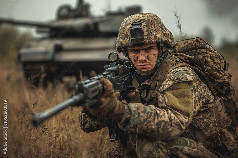 Fototapeta premium Soldier in tactical gear aiming a rifle with a tank in the background, prepared for combat in a military operation setting