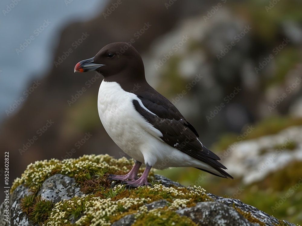Fototapeta premium Razorbill resting on lichen-covered rocks.