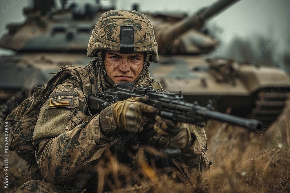Soldier in tactical gear aiming a rifle with a tank in the background, prepared for combat in a military operation setting Soldier in tactical gear aiming a rifle with a tank in the background, prepared for combat in a military operation setting