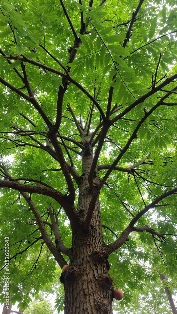 Neem tree with feathery leaves gnarled trunk and round fruits in a lush canopy Neem tree with feathery leaves gnarled trunk and round fruits in a lush canopy