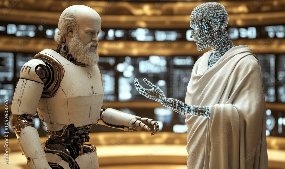 Robot and wireframe person in dialogue. Robot and wireframe person in dialogue.