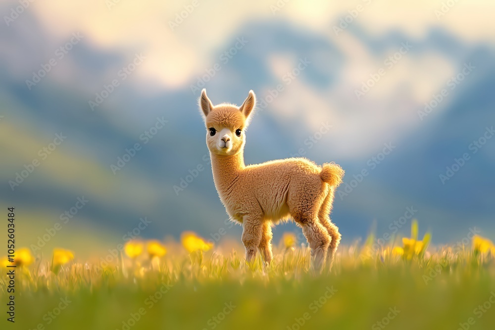 Naklejka premium Cute baby alpaca standing in a grassy field with flowers and mountains in the background.