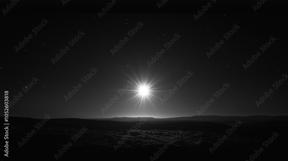 Fototapeta premium A bright star shines brightly in the dark sky over a tranquil mountain horizon