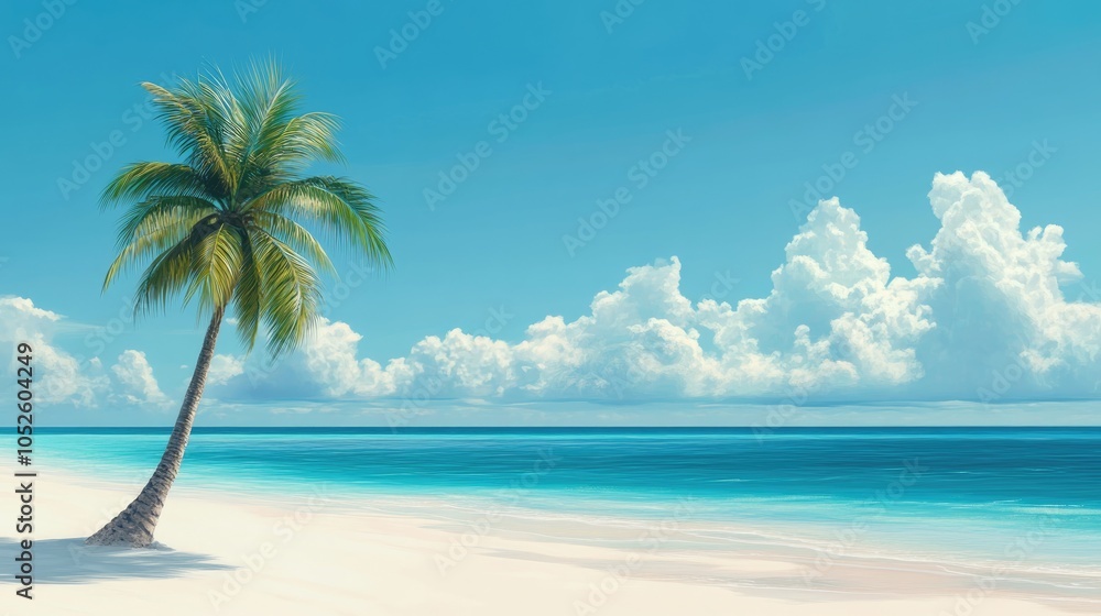Fototapeta premium Serene beach landscape featuring fine white sand clear turquoise water and a solitary palm tree captured in a vibrant digital rendering