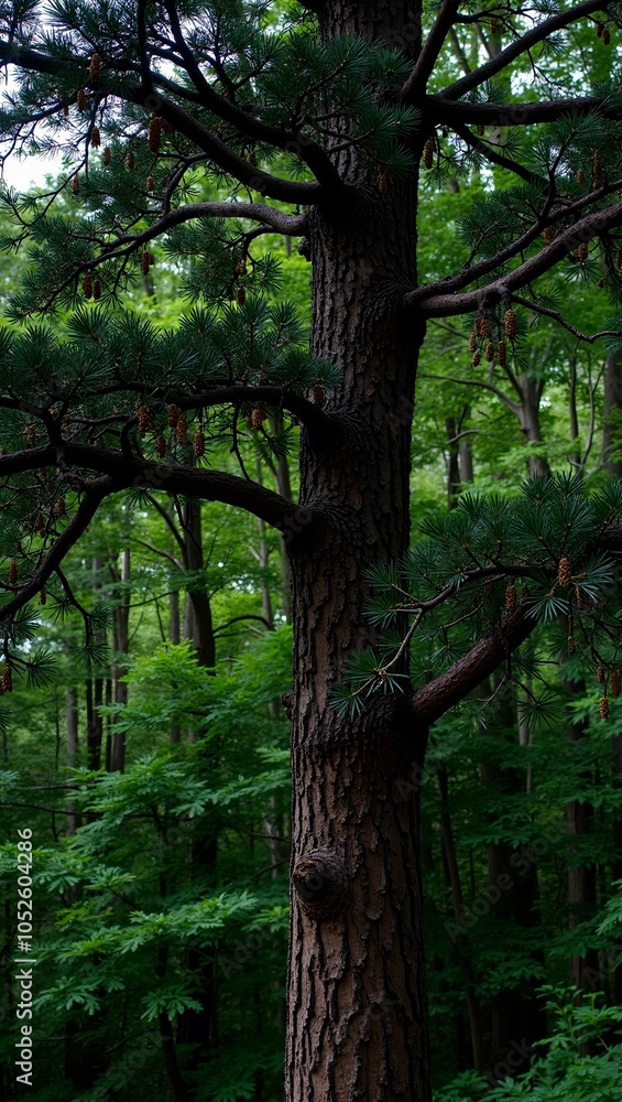 Majestic black pine tree with dense needles sturdy trunk and cones in a deep green forest Majestic black pine tree with dense needles sturdy trunk and cones in a deep green forest