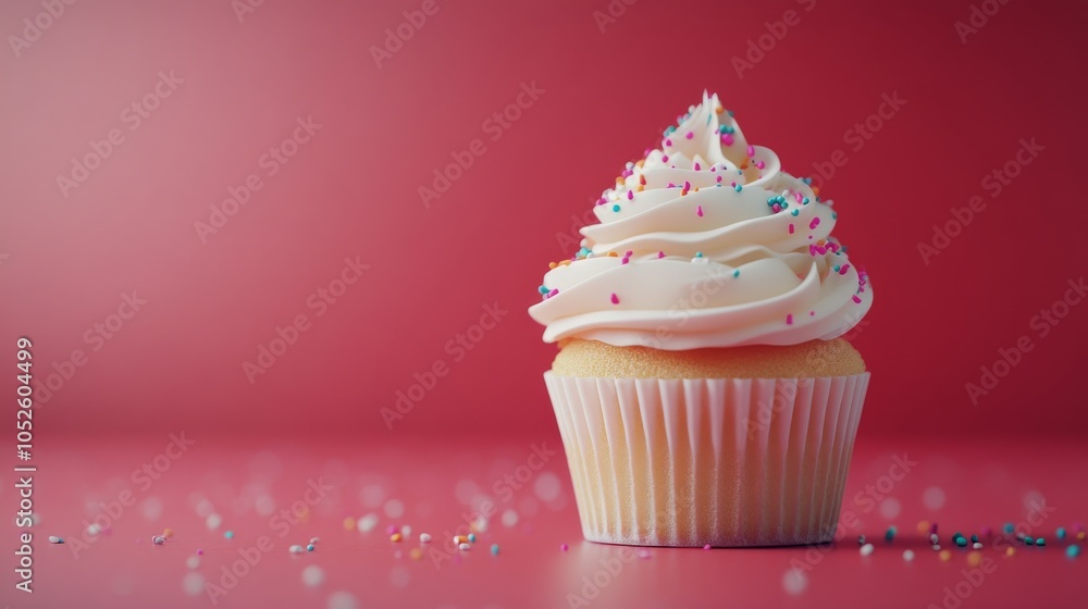 Sweet vanilla cupcake with creamy frosting on a pink background during a festive celebration Sweet vanilla cupcake with creamy frosting on a pink background during a festive celebration