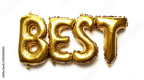 Golden inflatable balloons shaped as the word BEST on a white background Helium gold foil balloons ideal for promotional and festive decorations