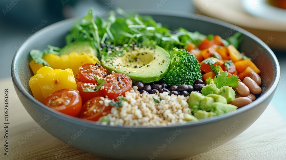 Colorful bowl of fresh vegetables and grains served at a cafe during lunchtime Colorful bowl of fresh vegetables and grains served at a cafe during lunchtime
