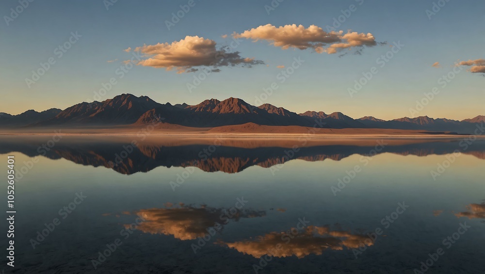 Fototapeta premium Scenic sunrise view of mountains reflected in Bonneville Salt Flats, Utah.