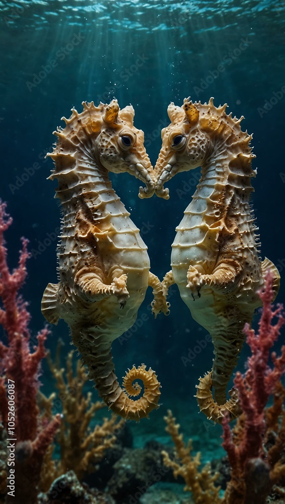 Seahorses kissing underwater for a romantic greeting. Seahorses kissing underwater for a romantic greeting.