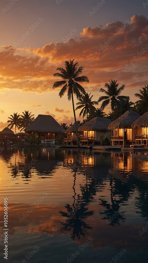 Serene sunset over a tropical resort with palm trees. Serene sunset over a tropical resort with palm trees.