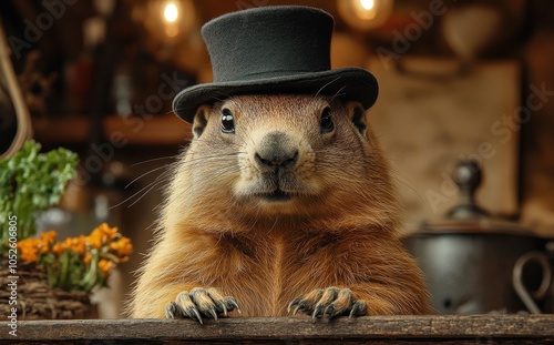 Groundhog Wearing a Top Hat Standing on a Table, Funny Animal Concept Art in a Studio Setting with a Warm Brown Background, High-Resolution Photography

 photo