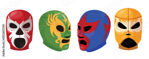 Set of different lucha libre masks in cartoon style. Vector illustration of colorful mexican lucha libre wrestling masks with patterns isolated on white background. Mexican professional wrestling.