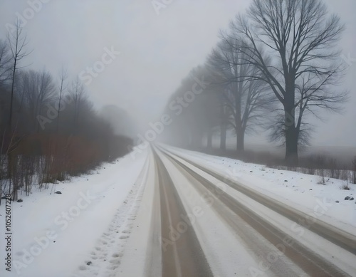 A foggy winter landscape surrounds a snow-covered road in the countryside with bare trees on both sides.