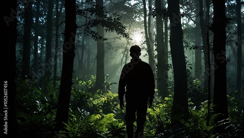 Silhouette of a person in a lush forest.