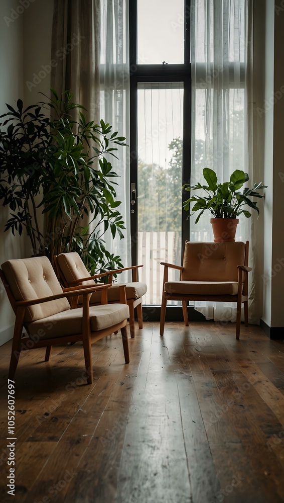 Fototapeta premium Simple interior with chairs and plants, perfect for mindfulness.
