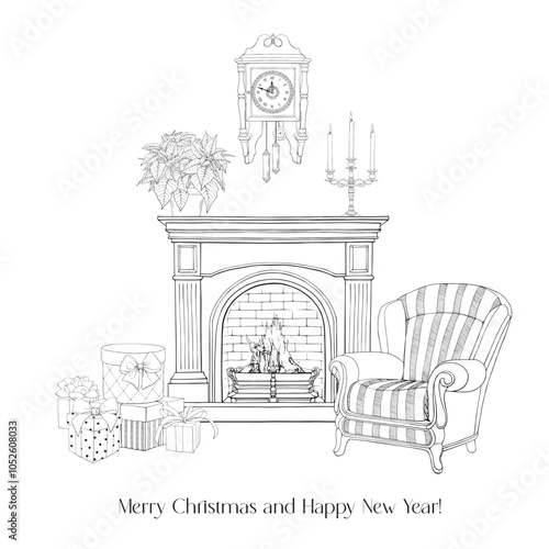 Christmas illustration interior with fireplace, armchai,r clock, candlestick, gifts boxes, poinsettia bows. Black white. Hand drawn linear elements. Line art Vector background for design greeting card