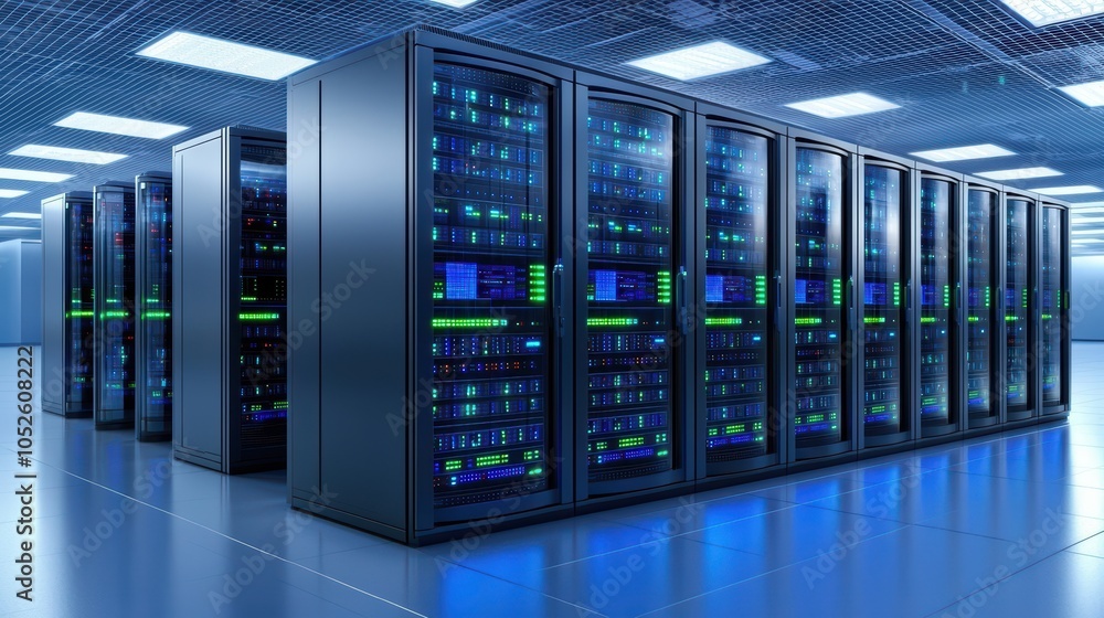 Interior view of a modern data center with server racks and blue lighting. Interior view of a modern data center with server racks and blue lighting.