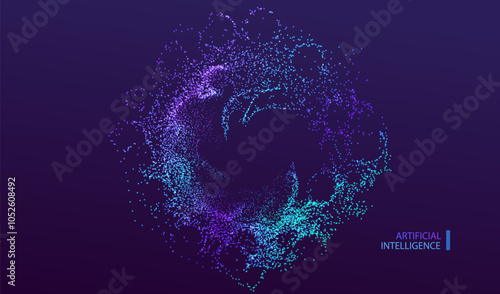 Ai round particles dots technology banner. Big data neon network circle background. Artificial Intelligence futuristic glitter connect design.