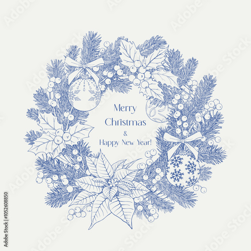 Line art Christmas wreath with fir branches, holly, balls, poinsettia, bow. Blue beige. Hand drawn elements. Elegante Vector vintage botanical illustration for design greeting card, holiday decor