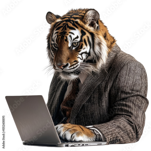 Business Tiger Working on Laptop in Office Suit isolated on transparent background.  