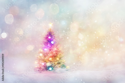 Blurred Christmas tree with colorful lights in the snow, light and airy, light white background Generative AI