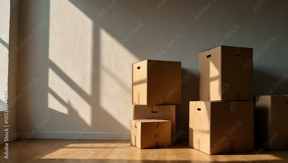 Stacked cardboard boxes in a sunlit room. Stacked cardboard boxes in a sunlit room.
