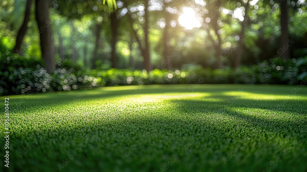 Fototapeta premium Serene blurred background featuring a well maintained lawn embraced by trees in a tranquil garden setting