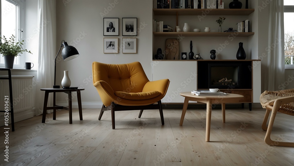 Fototapeta premium Stylish Scandinavian living room with a design armchair.