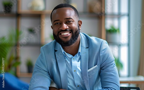 Work portrait of happy poc black man wearing light blue suit