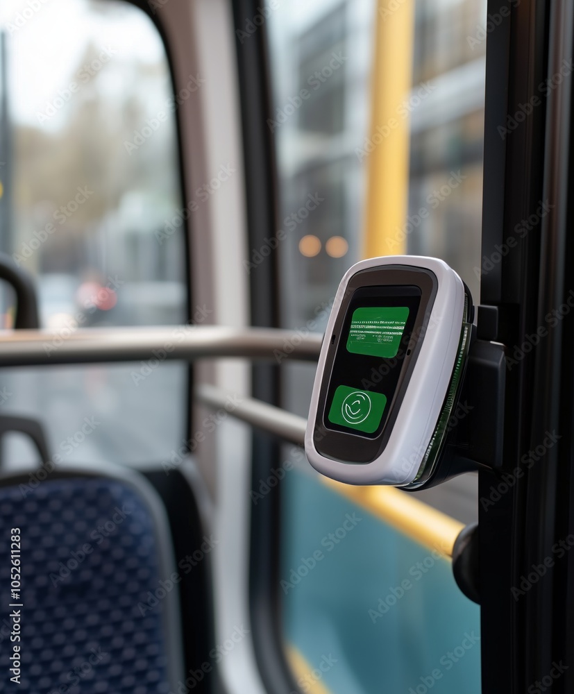Close-up of a digital payment device in a public bus, showcasing modern transit technology. Close-up of a digital payment device in a public bus, showcasing modern transit technology.