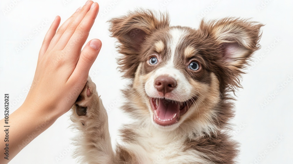 A joyful person high-fives a happy puppy, celebrating their playful bond in a bright moment captured on a white background, a dog is a friend of man A joyful person high-fives a happy puppy, celebrating their playful bond in a bright moment captured on a white background, a dog is a friend of man
