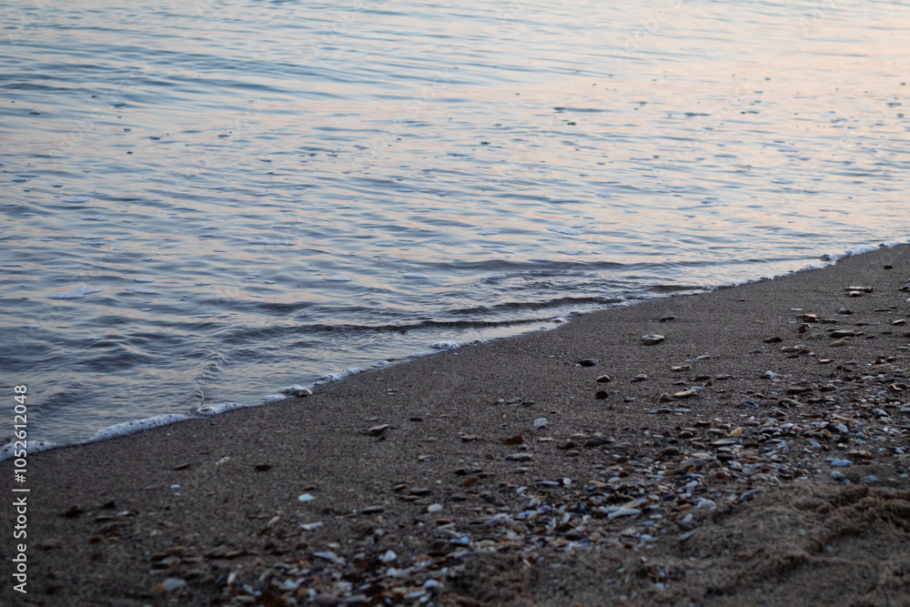 Gentle Sea Waves Touching Sandy Beach with Seashells at Sunset Gentle Sea Waves Touching Sandy Beach with Seashells at Sunset