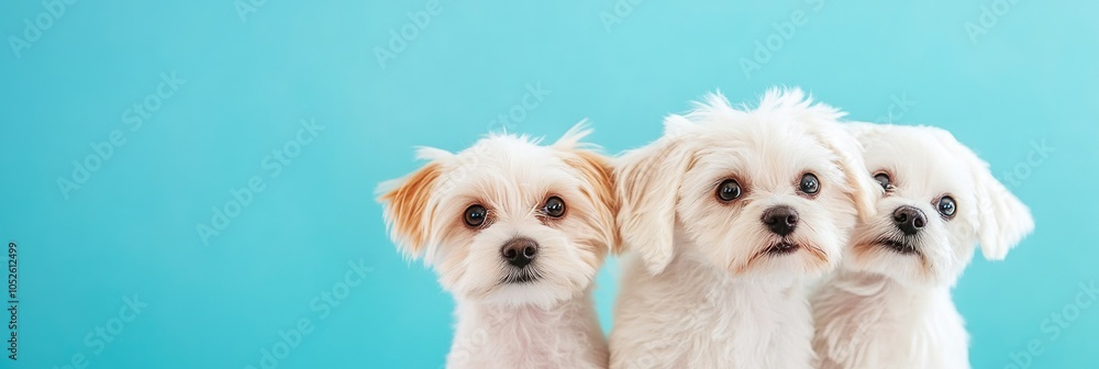 Three Curious White Maltese Puppies in Studio Shot on Blue Background Three Curious White Maltese Puppies in Studio Shot on Blue Background