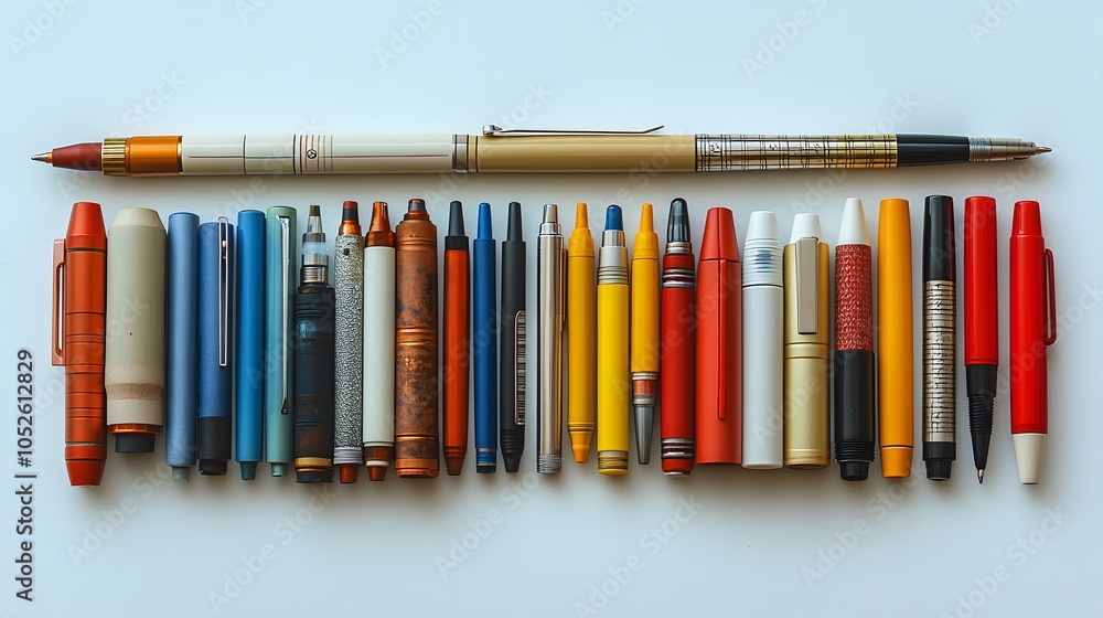 Naklejka premium Colorful assortment of writing instruments on white background