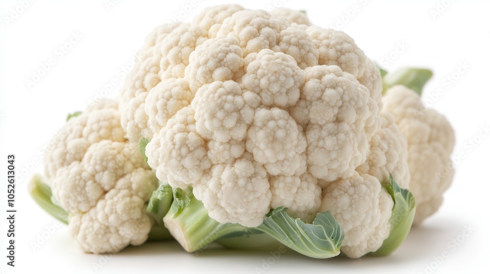 Fresh cauliflower on a white background, showcasing its vibrant texture and vivid color, ideal for healthy cooking and meal preparation Fresh cauliflower on a white background, showcasing its vibrant texture and vivid color, ideal for healthy cooking and meal preparation