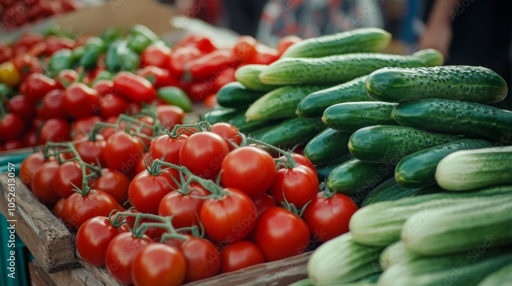 fresh tomatoes, cucumbers, peppers, and chilies at market fresh tomatoes, cucumbers, peppers, and chilies at market