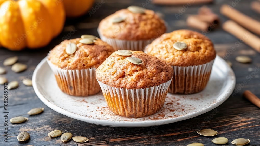 Pumpkin spice muffins on a white plate, surrounded by pumpkin seeds and cinnamon dust, isolated on a dark wooden background Pumpkin spice muffins on a white plate, surrounded by pumpkin seeds and cinnamon dust, isolated on a dark wooden background
