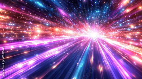 Abstract colorful light streaks radiating outward from a central point, simulating a futuristic hyperspace travel or a cosmic event. photo