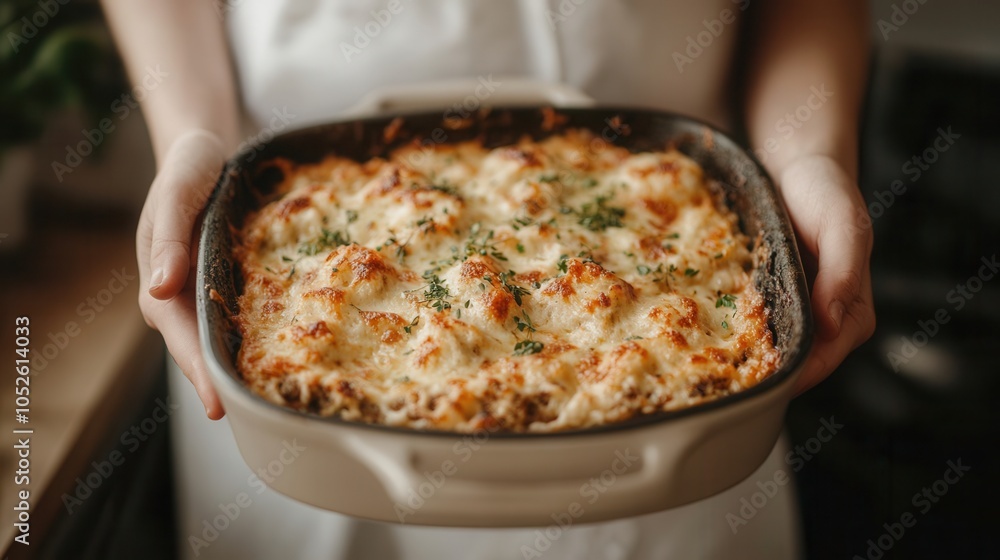 A savory casserole baking in the oven viewed from above in a cozy kitchen setting A savory casserole baking in the oven viewed from above in a cozy kitchen setting