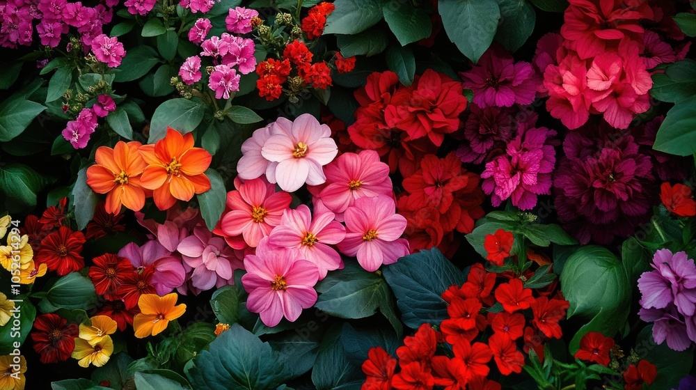 Bright Flower Bed Filled with Red and Pink Blossoms Bright Flower Bed Filled with Red and Pink Blossoms
