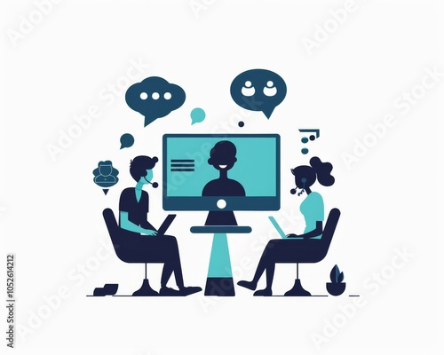 Minimalist UI illustration of customer service in a flat design style with a white background, featuring two people talking on the phone and sitting at their computer screen with speech bubbles around